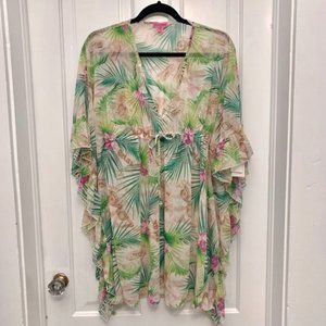 BETSEY JOHNSON BEACH PALM TREE PRINT SEXY MESH DRESS SWIM COVER UP SIZE XS
